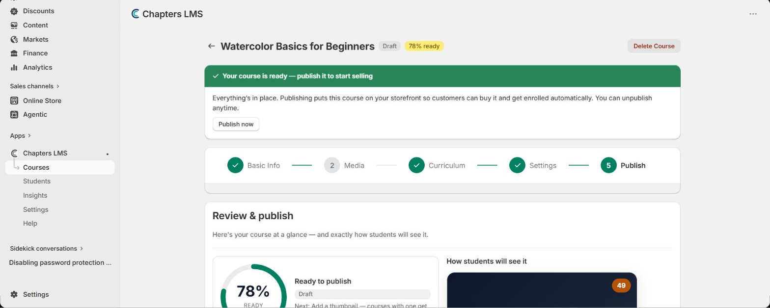 Green banner reading Your course is ready, publish it to start selling, with a Publish now button