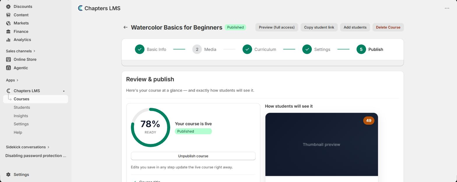 Course page after publishing: status Published, Your course is live banner, View as customer and Copy student link buttons