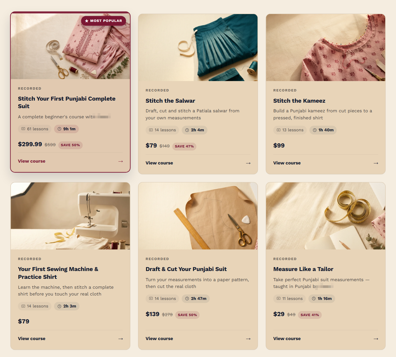 A live Shopify storefront showing the Chapters Course Catalog grid: six course cards with thumbnails, lesson counts, durations and prices